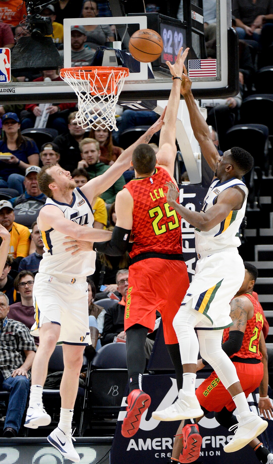 Leah Hogsten  |  The Salt Lake Tribune  Utah Jazz forward Joe Ingles (2) and Utah Jazz forward Georges Niang (31) block Atlanta Hawks center Alex Len (25) as the Utah Jazz take on the Atlanta Hawks, Feb. 1, 2019 at Vivint Smart Home Arena. 