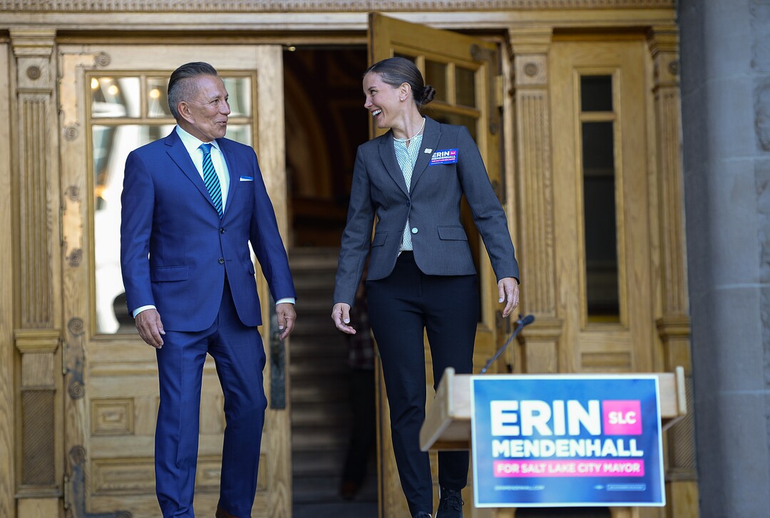 (Francisco Kjolseth  |  The Salt Lake Tribune)  Salt Lake City Councilwoman Erin Mendenhall announces an endorsement from former opponent David Ibarra as they gather on the West steps of the Salt Lake City and County Building on Thursday, Oct. 3, 2019.