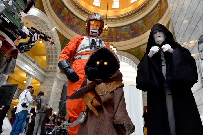 (Scott Sommerdorf | The Salt Lake Tribune) Cosplayers pose for a photo in the Utah Capitol Rotunda on Wednesday after attending an event where FanX Salt Lake Comic Convention announced more celebrities and new programs for the Sept. 6-8 event.
