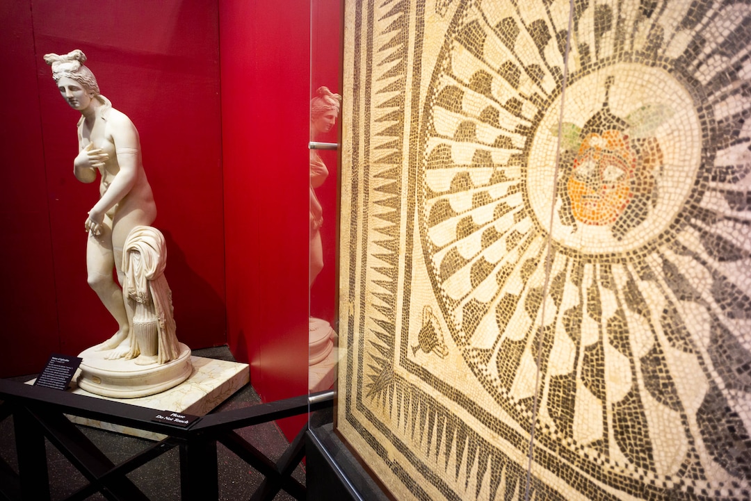 (Trent Nelson  |  The Salt Lake Tribune) Statue of Aphrodite and Gorgon Mosaic, part of Pompeii: The Exhibition, opening Saturday at The Leonardo in Salt Lake City on Thursday Nov. 21, 2019.