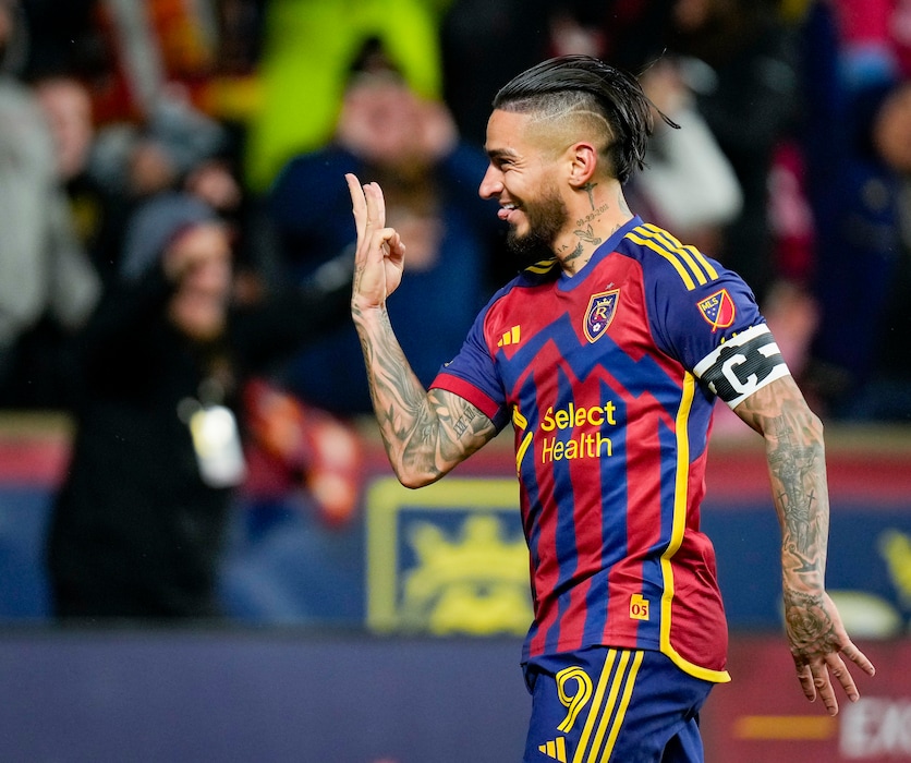 (Bethany Baker  |  The Salt Lake Tribune) Real Salt Lake forward Cristian Arango (9) holds up three fingers as he celebrates his third goal as RSL hosts the St. Louis City during an MLS soccer match in Sandy on Saturday, March 30, 2024.