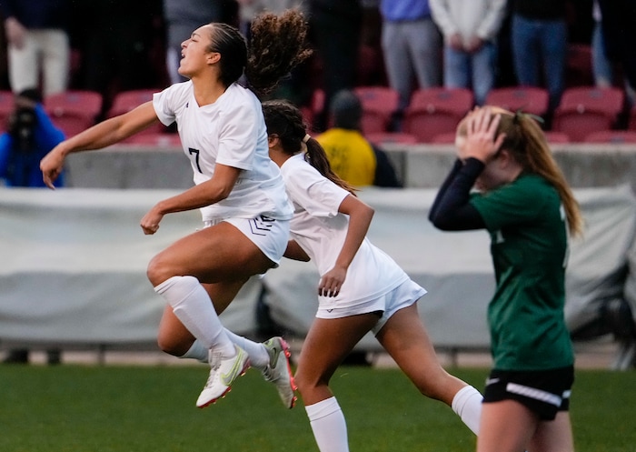 (Leah Hogsten | The Salt Lake Tribune)  Waterford's Seven Castain hits the back of RHSM's net for a goal in the second half. Waterford School defeated Rowland Hall-St. Marks High School, 4-3 to win the 2A State Soccer Championship game Oct. 23, 2021 at Rio Tinto Stadium.
