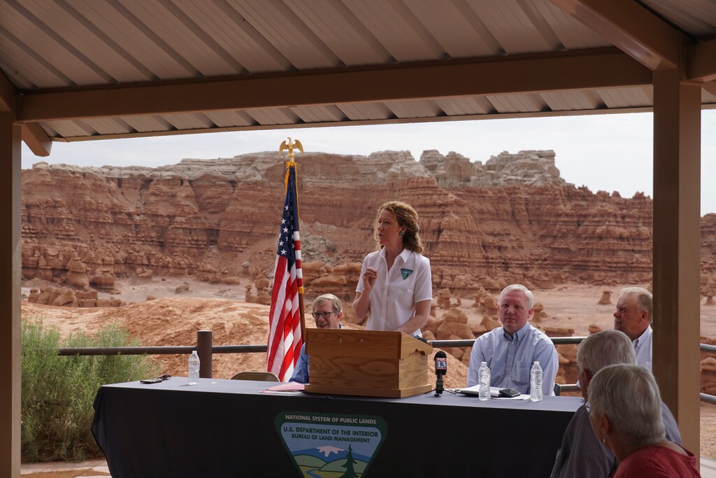 (Utah Division of State Parks) Bureau of Land Management Director Tracy Stone-Manning speaks at Goblin Valley State Park on Friday, June 17, 2022. The state park tripled in size this month, increasing opportunities for recreational activities.