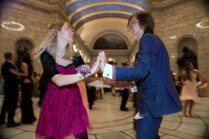 (Leah Hogsten  |  The Salt Lake Tribune) Kiawna Sorenson and Zach Emanuel paired up for "Cotton-eyed Joe." Three virtual charter schools, Utah Virtual Academy, Utah Connections Academy and Mountain Heights Academy, co-hosted prom for their students, Friday, April 27, 2018. 