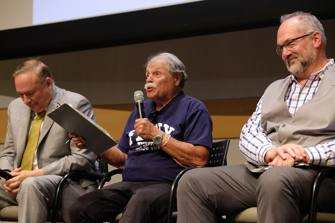 (Francisco Kjolseth  |  The Salt Lake Tribune)  Richard Goldberger, center, throws out creative ideas alongside Jim Dabakis, left, and Stan Penfold as he joins his fellow candidates for Salt Lake City mayor during a debate at the Salt Lake City Library on Wed. June 26, 2019.