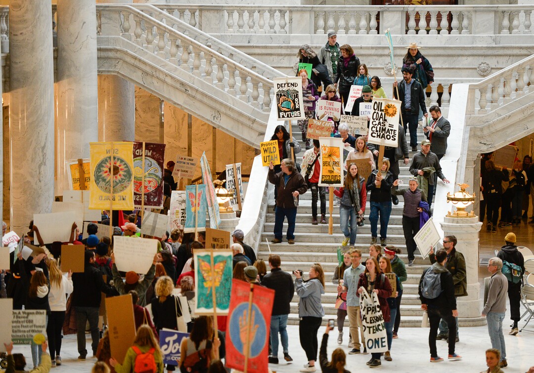 (Francisco Kjolseth  |  The Salt Lake Tribune)  Fridays For Future, Utah Youth Environmental Solutions, and partners strike in opposition to UtahÕs final oil and gas lease sale of 2019 that will auction off public lands and further fossil fuel development during a rally at the Utah Capitol on Friday, Dec. 6, 2019, that moved into the rotunda and concluded outside of Gov. Gary Herberts office.