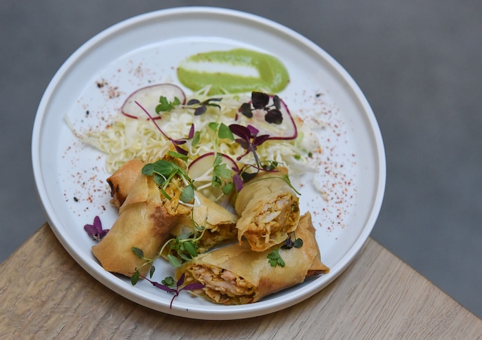 (Francisco Kjolseth  |  The Salt Lake Tribune)  Haru Maki al Pollo, made with chicken, ahi de gallina, walnut and slaw at the Post Office Place, a new bar by the same owners as Takashi, located next door, where they welcomed patrons on Tuesday, June 19, 2018. 