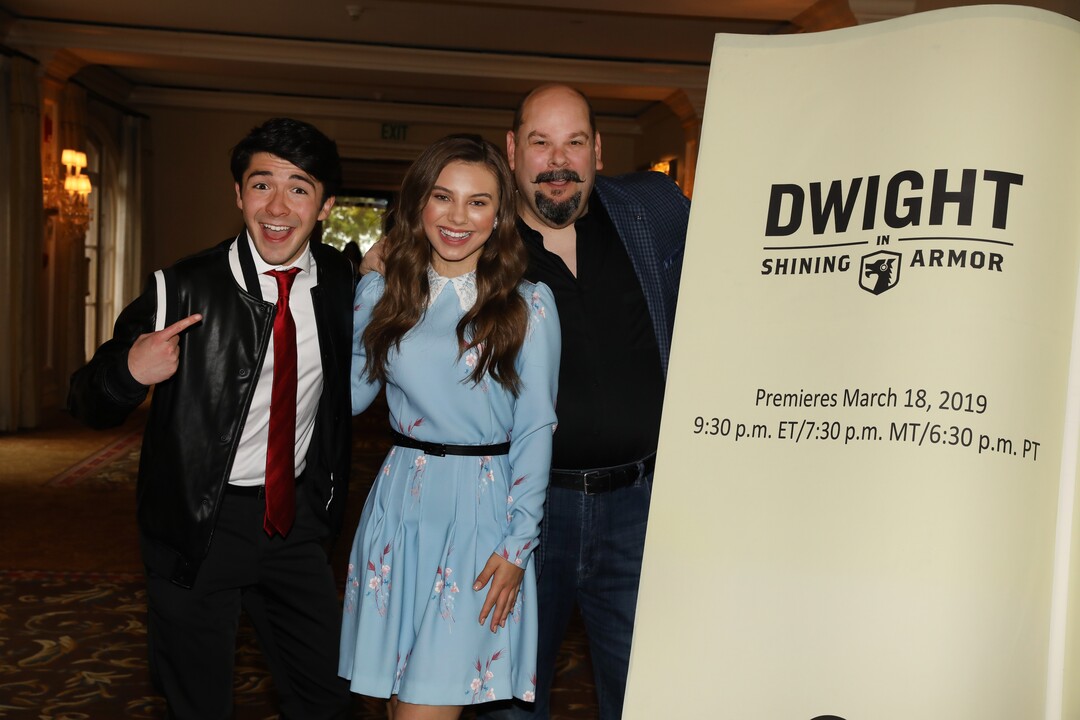 (Photo courtesy Chris Frawley/BYUtv) “Dwight in Shining Armor” stars Sloane Morgan Siegel, Caitlin Carmichael and Joel McCrary, at The Langham Hotel in Pasadena, Calif., for the Television Critics Association press tour.