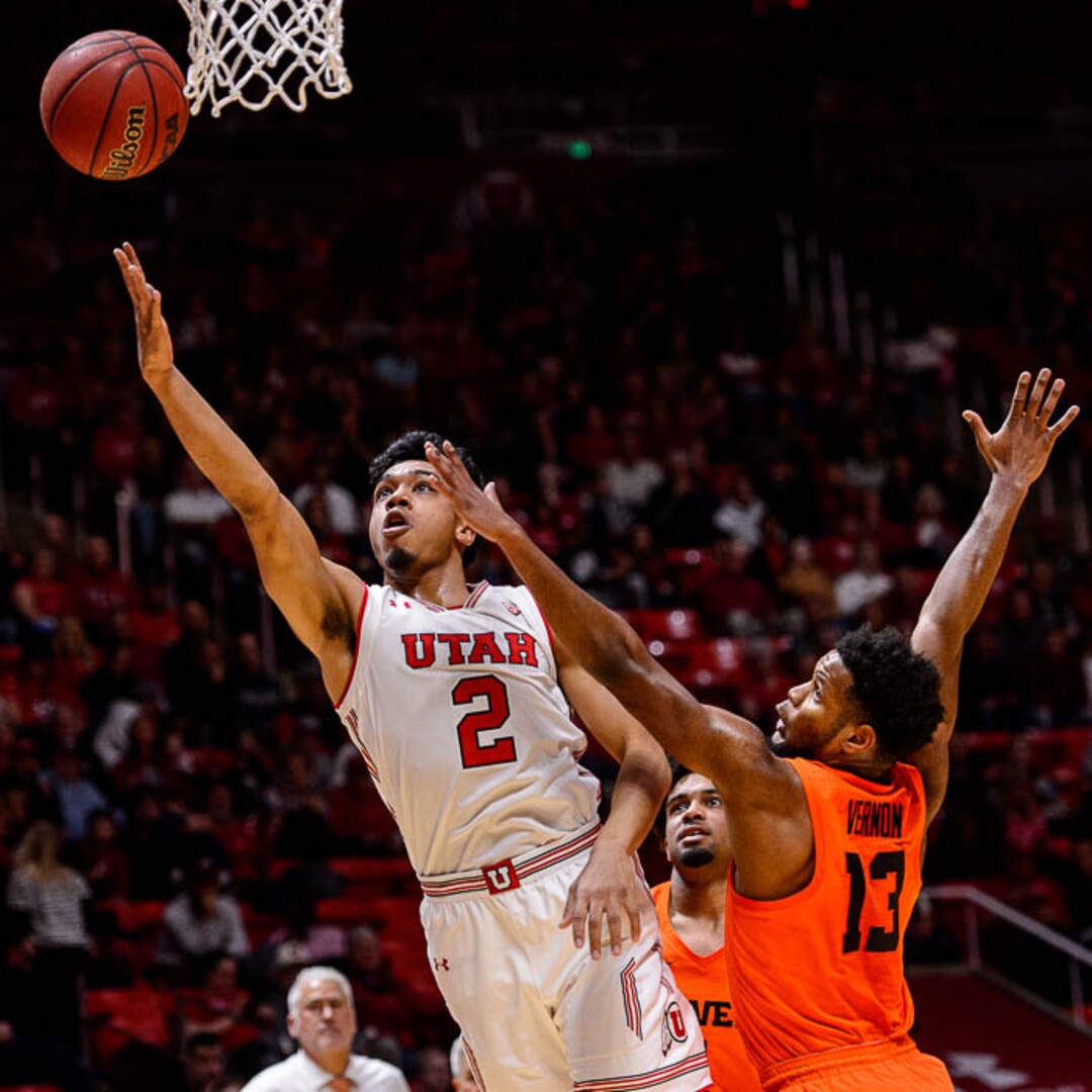 (Trent Nelson | The Salt Lake Tribune)  Utah Utes guard Sedrick Barefield (2) shoots with Oregon State Beavers guard Antoine Vernon (13) defending as Utah hosts Oregon State, NCAA basketball in Salt Lake City on Saturday Feb. 2, 2019.