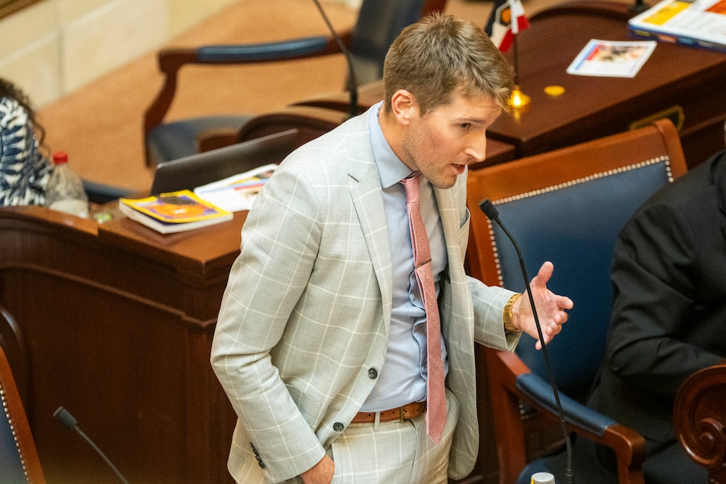 (Rick Egan | The Salt Lake Tribune)  Sen. Nate Blouin, D-Salt Lake City, asks a question of the sponsor, as the Senate discusses a constitutional amendment over citizen initiatives during a special session, on Wednesday, Aug. 21, 2024.