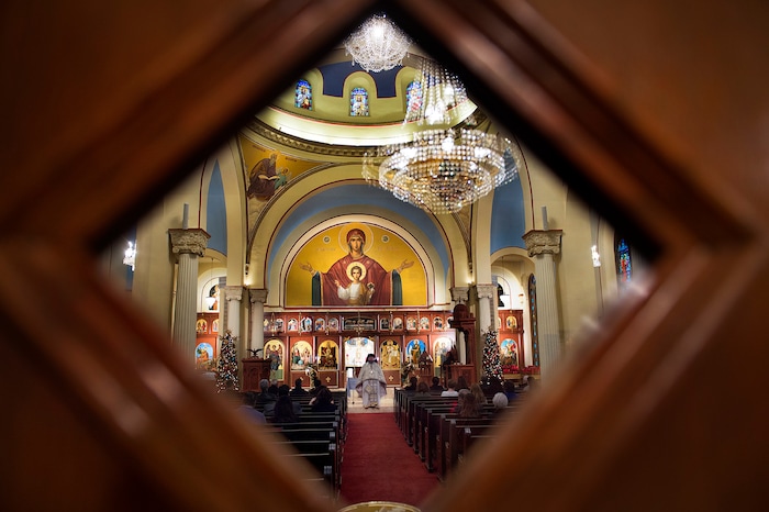 (Scott Sommerdorf | The Salt Lake Tribune)
The Very Rev. Archimandrite George Nikas leads the Epiphany service (also called Theophany in Orthodox), at Holy Trinity Cathedral, Saturday, January 6, 2018.