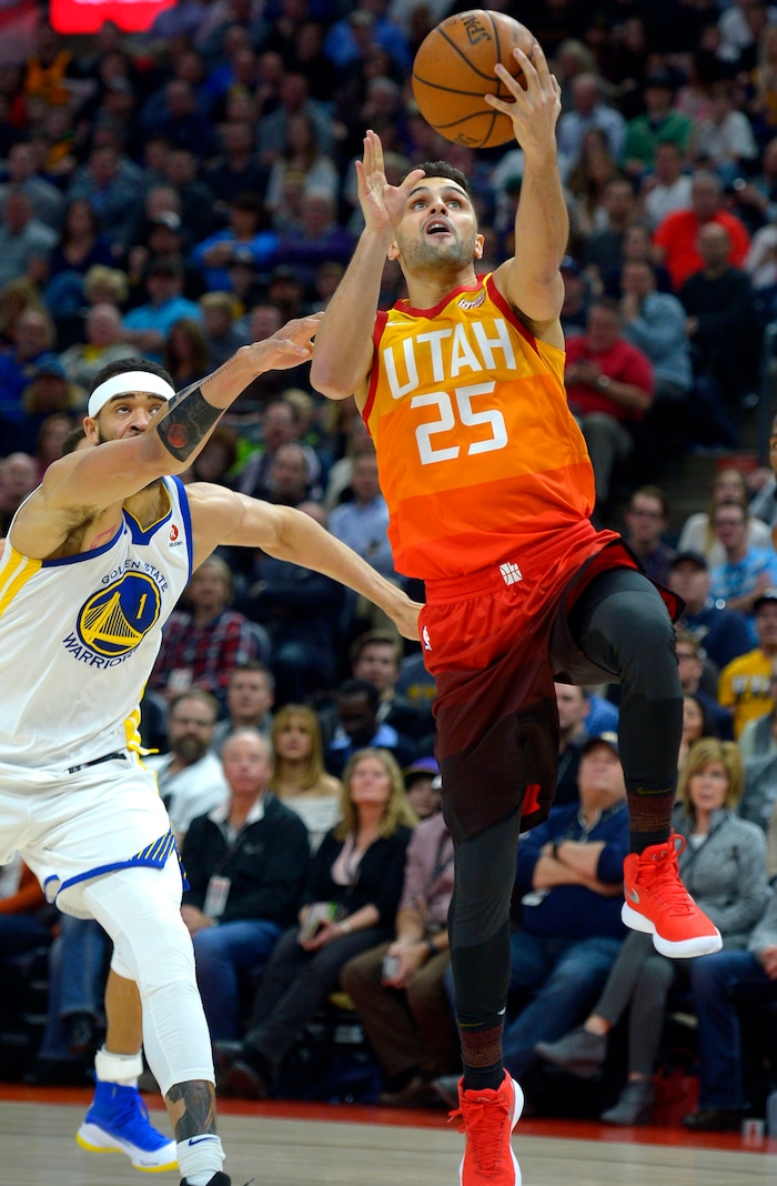 (Steve Griffin  |  The Salt Lake Tribune) Utah Jazz guard Raul Neto (25) gets to the basket during the Utah Jazz versus Golden State Warriors at Vivint Smart Home Arena in Salt Lake City Tuesday January 30, 2018.