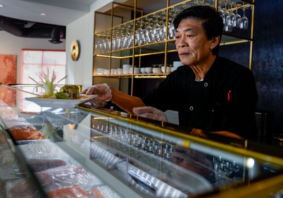 (Leah Hogsten  |  The Salt Lake Tribune)  Sushi chef Danny Tan presents his works of art, Sept. 20, 2019.  Saola restaurant, located in Cottonwood Heights, serves cuisine from VietnamÕs three regions, using locally sourced ingredients.
