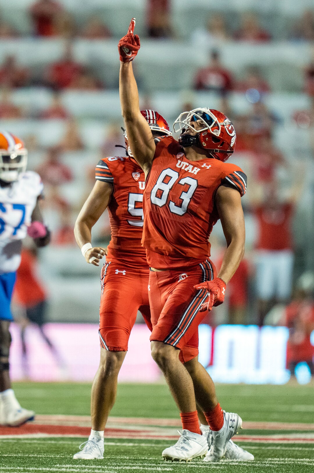 (Rick Egan | The Salt Lake Tribune) Utah Utes defensive end Jonah Elliss (83) celebrates after sacking Florida Gators quarterback Graham Mertz (15) in football acton between the Utah Utes and the Florida Gators, at Rice-Eccles Stadium, on Thursday, Aug. 31, 2023.