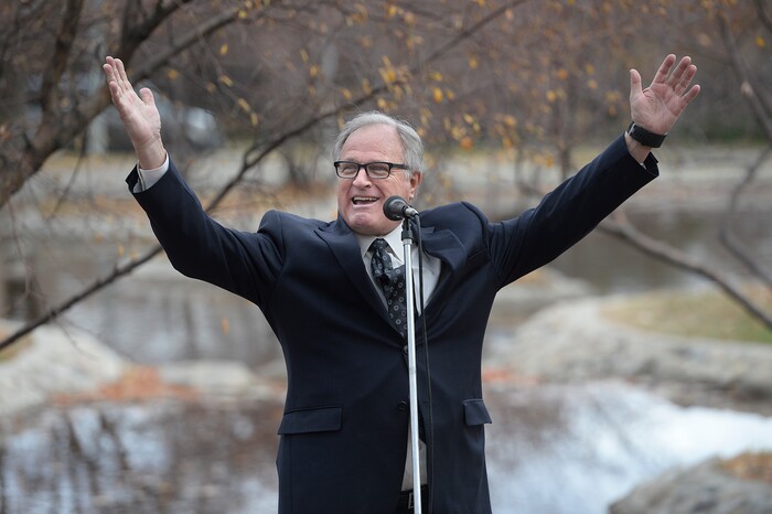 (Scott Sommerdorf   |  The Salt Lake Tribune)   
Sam Young speaks at the 8th annual mass resignation in City Creek Park, Sunday, November 5, 2017. 
