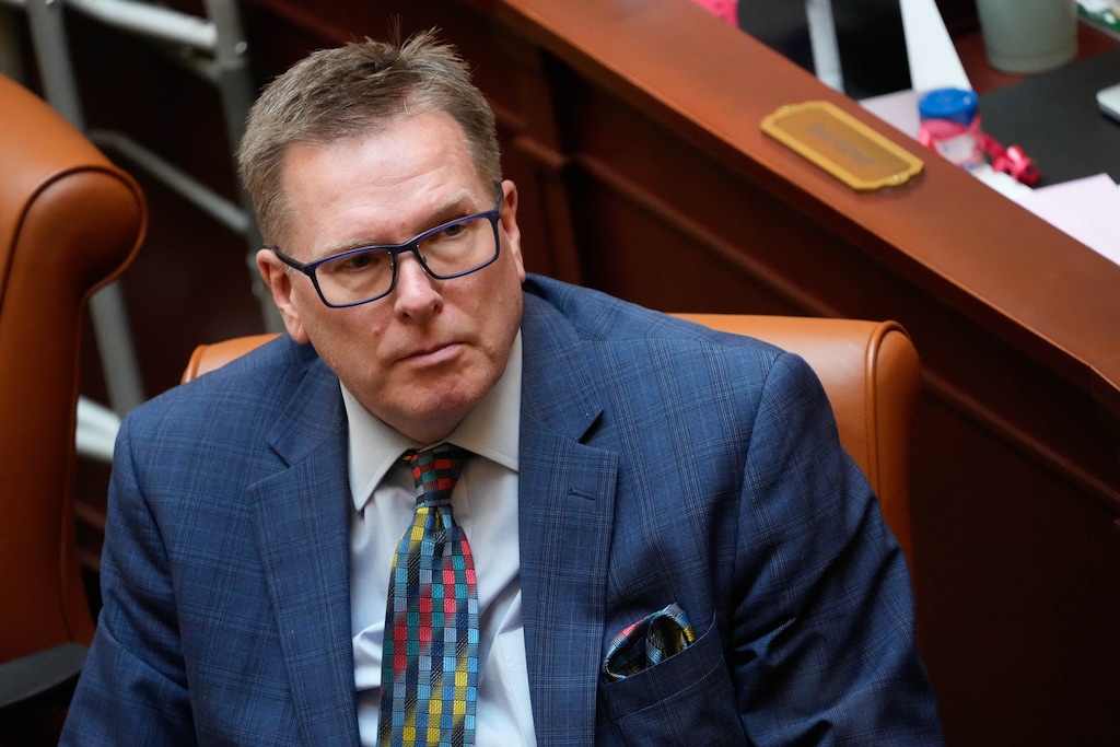 (Francisco Kjolseth  |  The Salt Lake Tribune) Rep. Mike Petersen, R-North Logan, on the House floor during the start of 2024 legislative session on Tuesday, Jan. 16, 2024. Petersen is sponsoring a bill that would allow the Ten Commandments to be be studied in U.S. history courses throughout Utah.