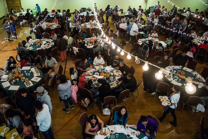 (Chris Detrick  |  The Salt Lake Tribune)  People eat during the annual Thanksgiving Day dinner at the Holy Trinity Cathedral in Salt Lake City  Thursday, November 23, 2017.  