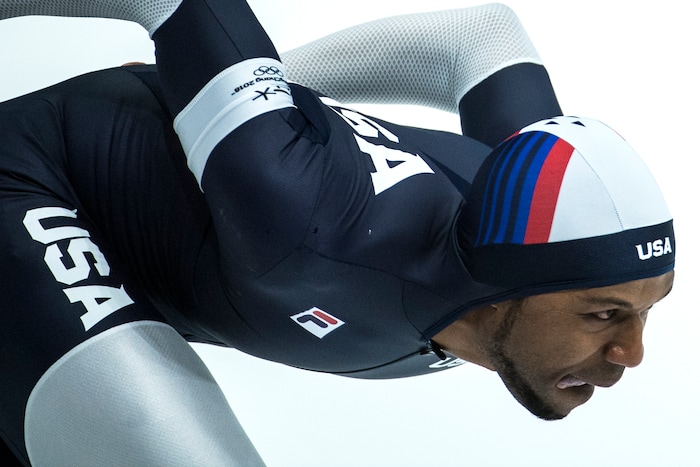 (Chris Detrick  |  The Salt Lake Tribune) Shani Davis of the United States competes in the Men's 1,000m at Gangneung Oval during the Pyeongchang 2018 Winter Olympics Friday, Feb. 23, 2018. Davis finished in 7th place with a time of 1:08.78. 