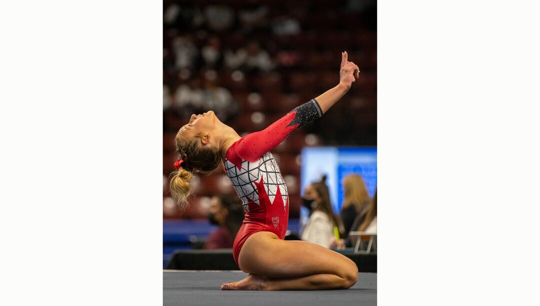 (Rick Egan | The Salt Lake Tribune) Abby Paulson competes on the floor for Utah in the PAC-12 Gymnastics Championship tournament at the Maverik Center, on Saturday, March 20, 2021.