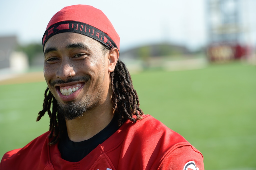 (Francisco Kjolseth  |  The Salt Lake Tribune)  Receiver Derrick Vickers, #17, is interviewed by sports reporters following the Utah football team's first practice of the season on Wed. Aug. 1, 2018.