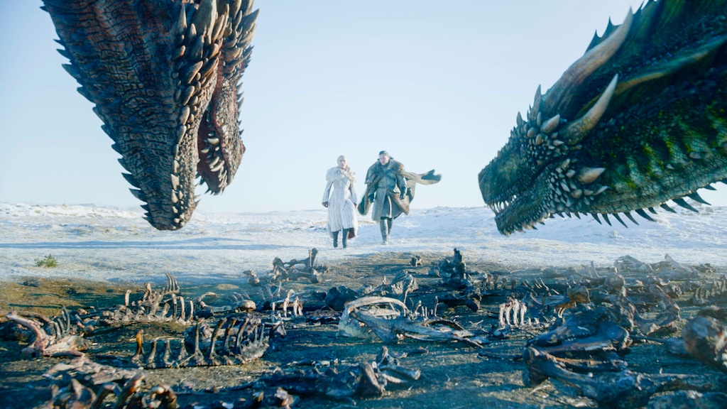 (HBO | AP) This image released by HBO shows Emilia Clarke, left, and Kit Harington in a scene from the final episode of "Game of Thrones."  On Tuesday, July 16, 2019, the program was nominated for an Emmy Award for outstanding drama series.