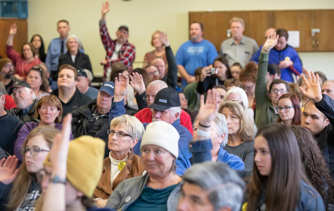 (Keith Johnson  |  for The Salt Lake Tribune) People raise their hands to asks questions during a town hall meeting held by newly elected Utah Congressman Ben McAdams, representing Utah's 4th District, at the Redwood Recreational Center in West Valley City, Utah on Jan. 19, 2019. McAdams held the town hall meeting to make good on a promise to be more accessible to constituents, a criticism he leveled against former congresswoman Mia Love during McAdam's campaign. 