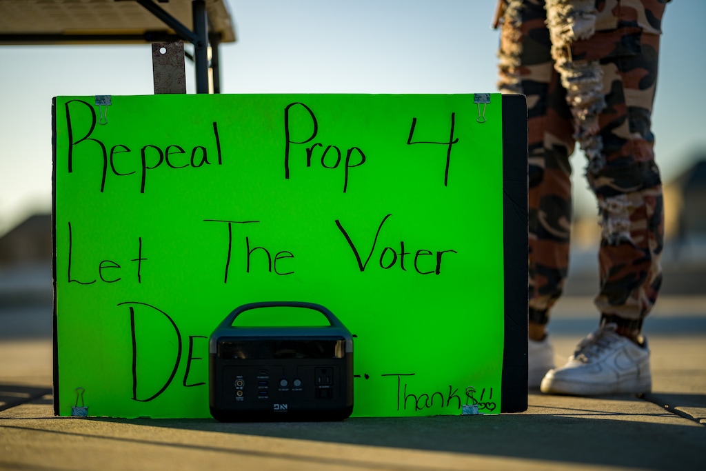 (Trent Nelson  |  The Salt Lake Tribune) A sign at the site of signature gathering to repeal Prop 4 at Linda Vista Park in Syracuse on Thursday, Feb. 5, 2026.