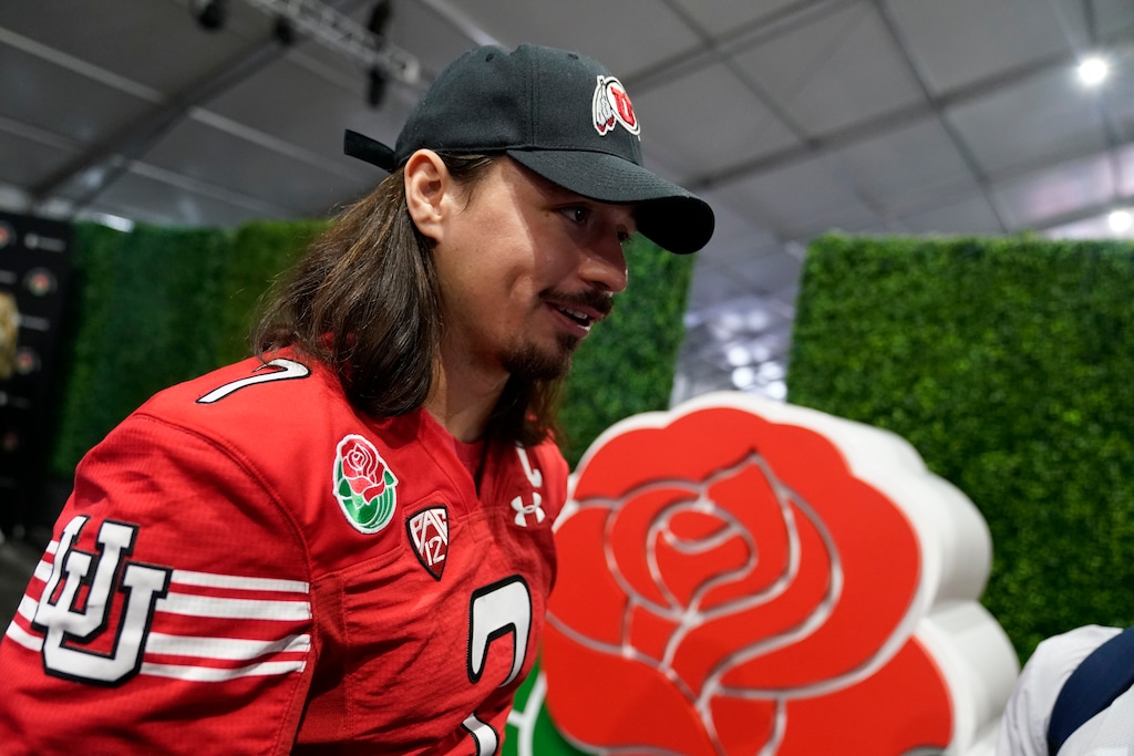 (Marcio Jose Sanchez | AP) Utah quarterback Cameron Rising answers questions during media day ahead of the Rose Bowl NCAA college football game against Penn State Saturday, Dec. 31, 2022, in Pasadena, Calif.