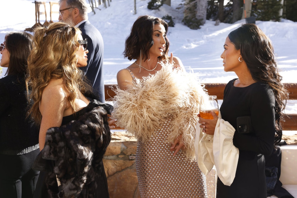(Fred Hayes  |  Bravo) Britani Bateman, Bronwyn Newport and Meili Workman, from left, talk at the reception before Meredith Marks' bat mitzvah in Park City, in an episode of "The Real Housewives of Salt Lake City."