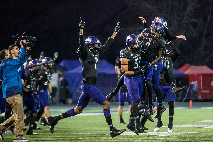(Chris Detrick  |  The Salt Lake Tribune)  Weber State Wildcats safety Trey Hoskins (7) and his teammates celebrate after winning the game at Stewart Stadium Saturday, November 25, 2017.  Weber State Wildcats defeated Western Illinois Leathernecks 21-19.