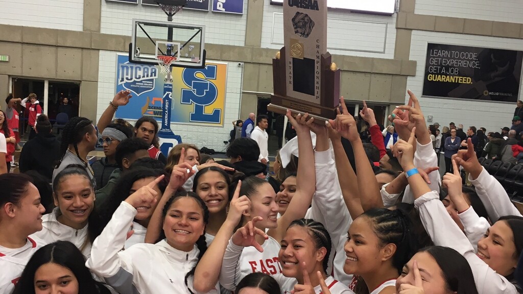 East High celebrates its second straight girls' basketball state title Saturday, Feb. 24, 2019. (Tom Wharton, Spectial to the Tribune).