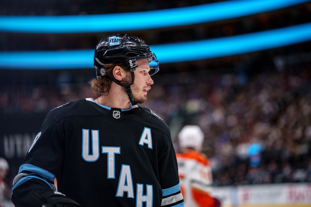 (Trent Nelson  |  The Salt Lake Tribune) Utah Hockey Club defenseman Mikhail Sergachev (98) as Utah Hockey Club hosts the Anaheim Ducks, NHL hockey in Salt Lake City on Wednesday, March 12, 2025.
