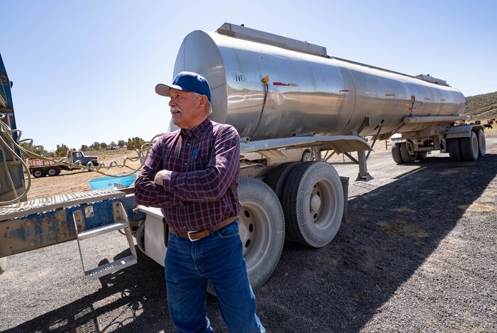 (Francisco Kjolseth | The Salt Lake Tribune) Randy Revoir, a Nephi rancher, talks next to his water truck as he checks in on his cattle in Juab County on Thursday, April 8, 2021. Revoir has banded together with other livestock producers to form the Central Utah Livestock Association, a group that offers a $20,000 reward for tips leading to the arrest of anyone who kills a member's animal. Livestock shootings soared in 2020 during the pandemic, but the reasons for the increase are unclear.