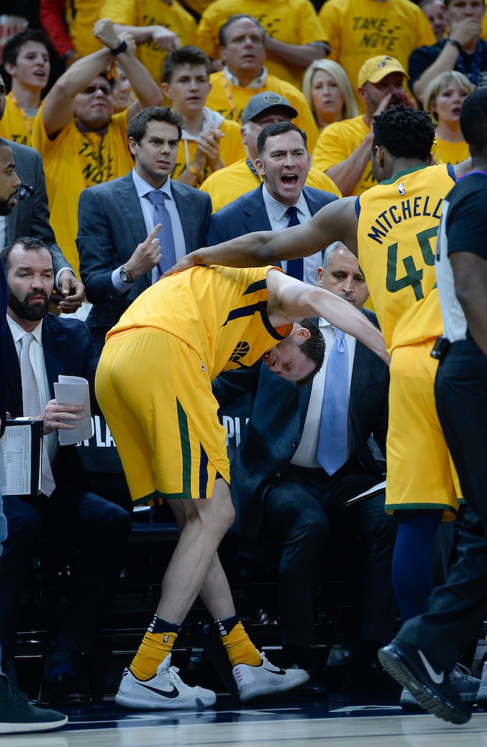 (Francisco Kjolseth | The Salt Lake Tribune) Utah Jazz forward Joe Ingles (2) reacts to a hit in the eye by Houston Rockets forward PJ Tucker (4) in the first half of Game 4 of the NBA playoffs at the Vivint Smart Home Arena Sunday, May 6, 2018 in Salt Lake City.