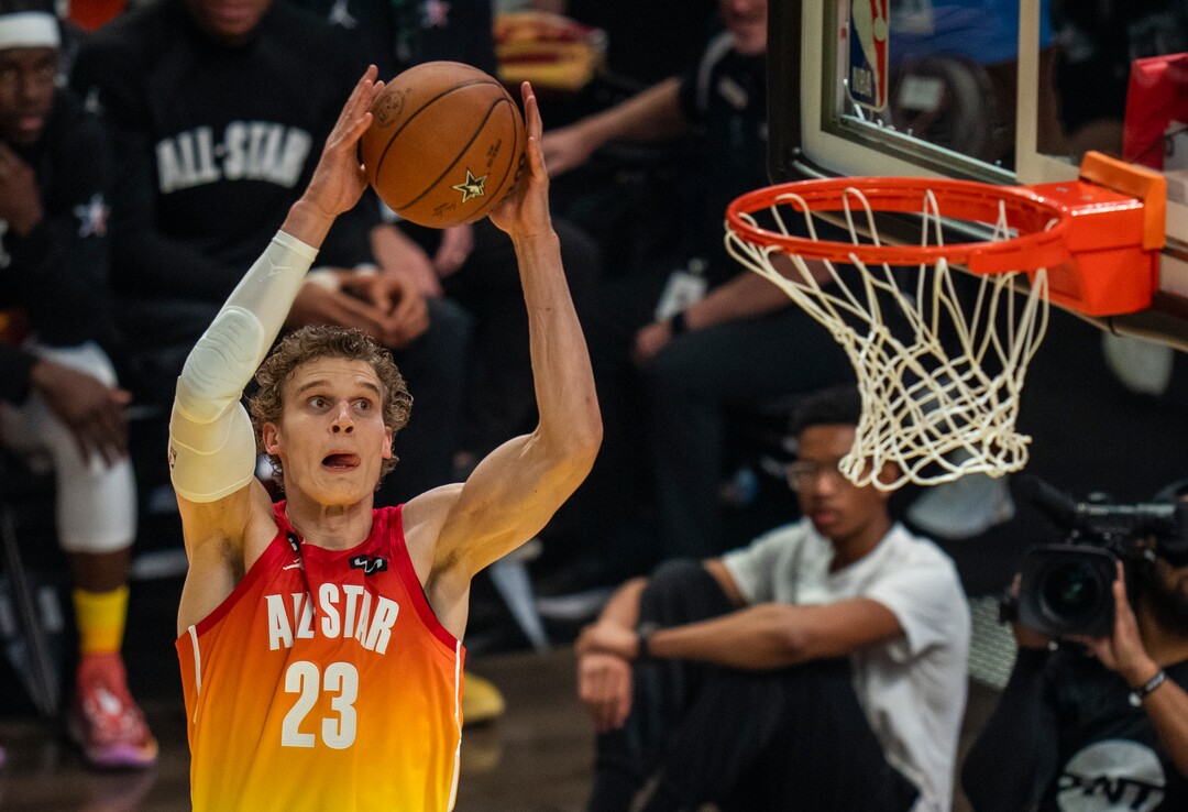 (Rick Egan | The Salt Lake Tribune)  Lauri Markkanen (23) goes up for a dunk for Team Giannis, in the 2023 NBA All-Star Game at Vivint Area, on Sunday, Feb. 19, 2023.