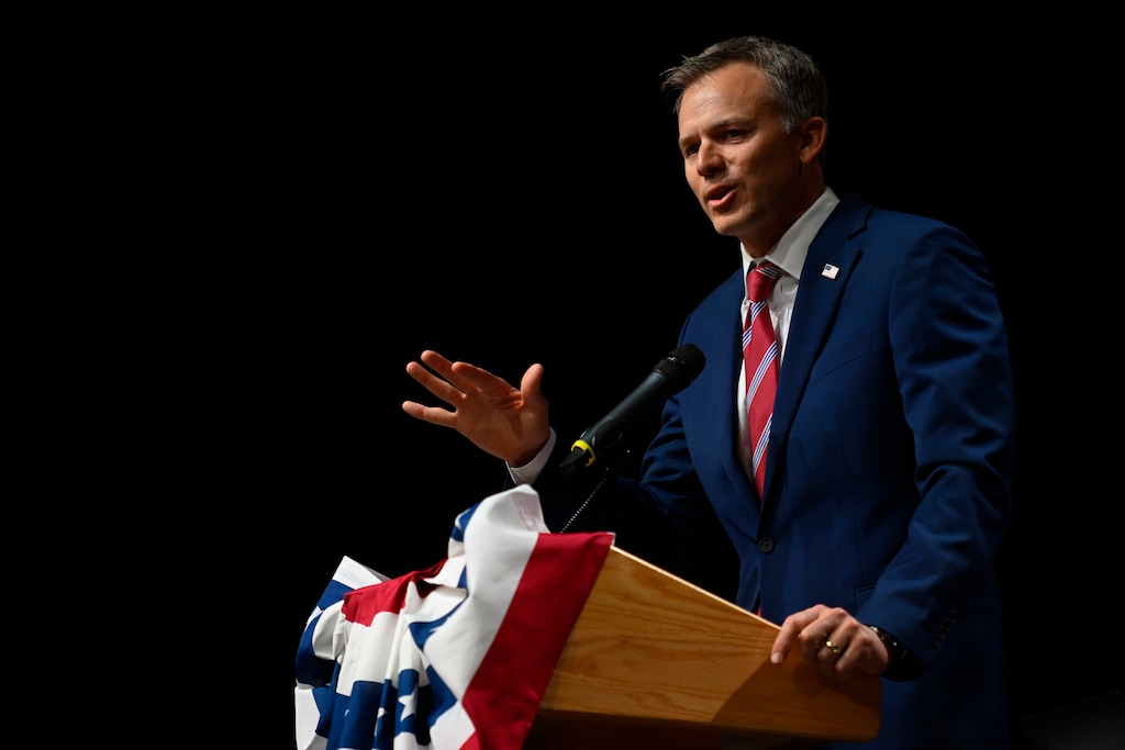(Alex Goodlett | Special to The Tribune) U.S. Rep. Blake Moore speaks during the 2026 GOP nominating convention at Utah Valley University on Saturday, April, 25 2026 in Orem.
