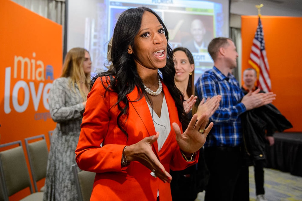(Trent Nelson | The Salt Lake Tribune)  Mia Love makes an appearance at her election night party to thank supportors at the Hilton Garden Inn in Lehi on Tuesday Nov. 6, 2018.