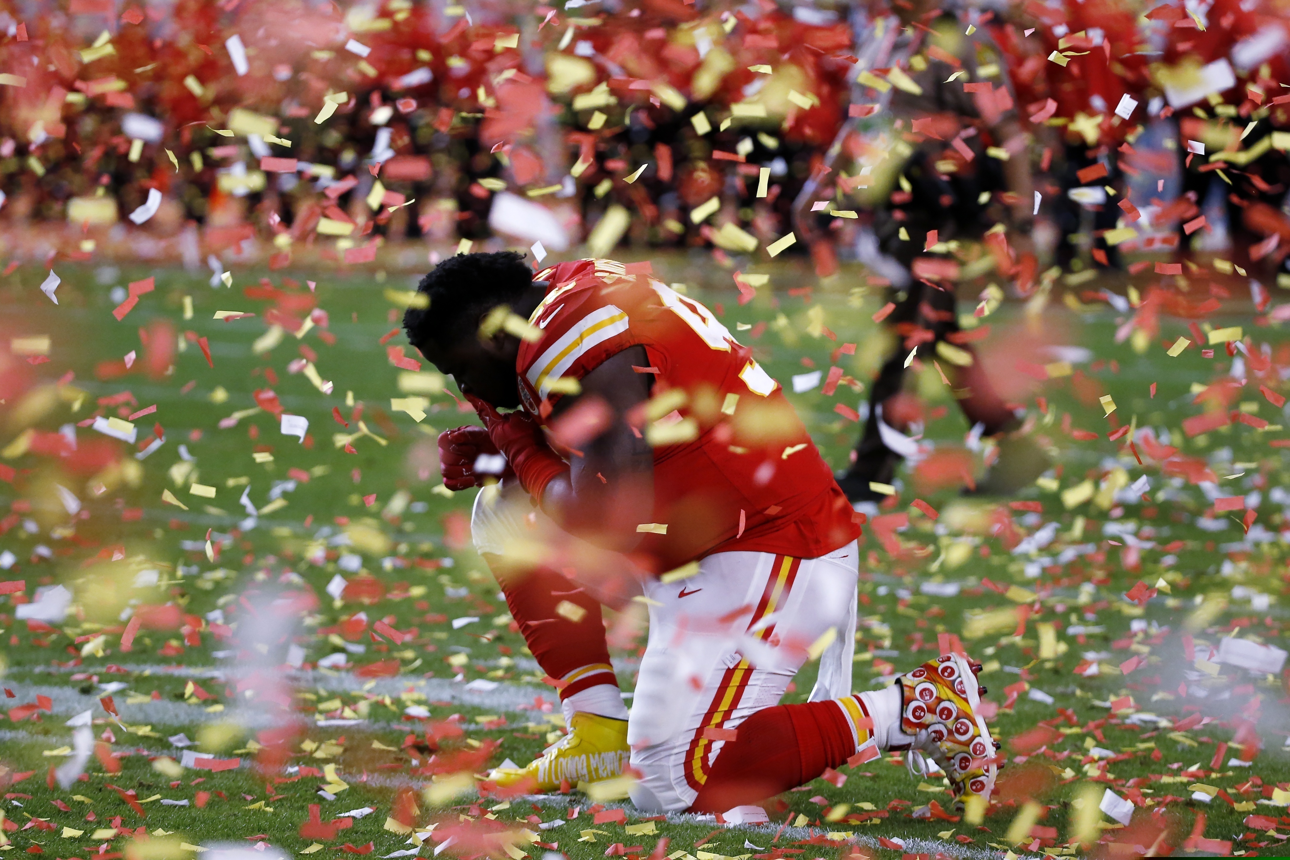 Kansas City Chiefs' Khalen Saunders (99) reacts after the NFL Super Bowl 54 football game against the San Francisco 49ers Sunday, Feb. 2, 2020, in Miami Gardens, Fla. The Kansas City Chiefs won 31-20. (AP Photo/Mark Humphrey)