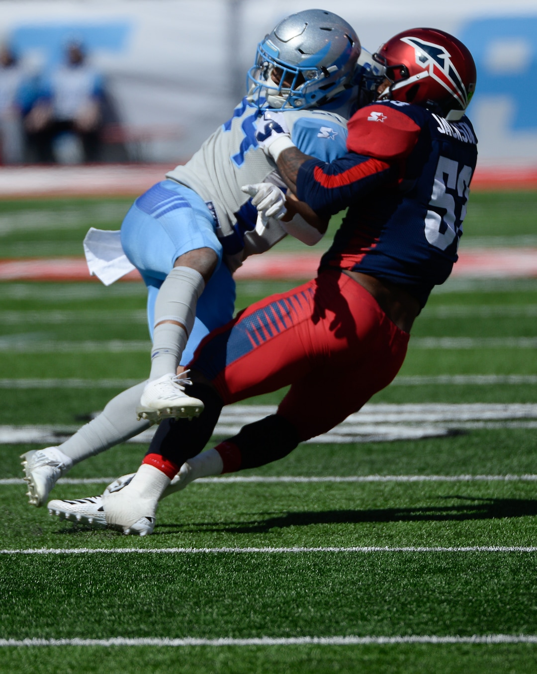 (Francisco Kjolseth  |  The Salt Lake Tribune)  Drew Jackson #53 of the Memphis Express gets an unnecessary roughness call while pressuring Terrell Newby #34 of the Salt Lake Stallions as the Stallions host the Memphis Express of the Alliance of American Football in Salt Lake City on Saturday March 16, 2019.