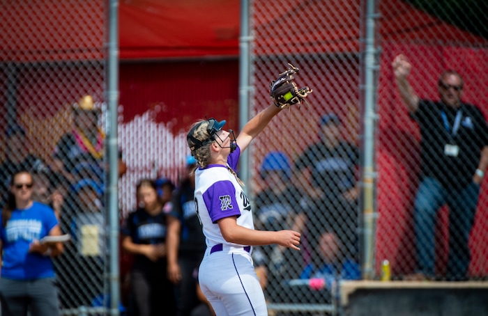 (Isaac Hale | Special to The Tribune) Riverton pitcher Kaysen Korth (18) makes a catch on a pop-fly ball during the second game of a best-of-three series between the Bingham Miners and the Riverton Silverwolves as part of the 6A state softball championship held at the Spanish Fork Sports Park on Friday, May 28, 2021.