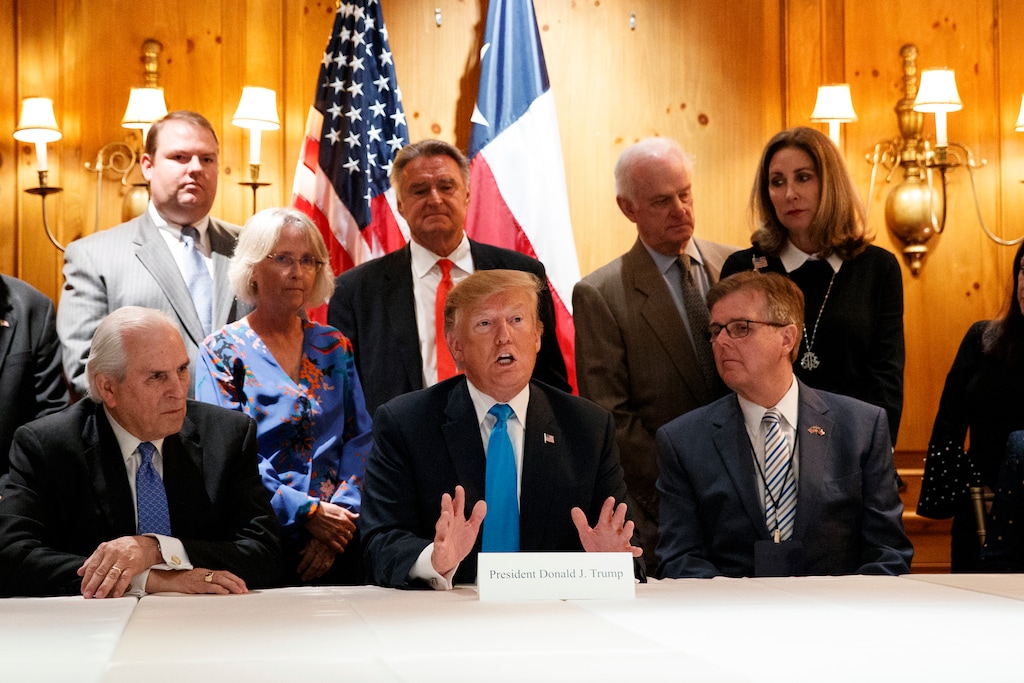 President Donald Trump speaks with reporters about border policy during a fundraising event, Wednesday, April 10, 2019, in San Antonio. (AP Photo/Evan Vucci)
