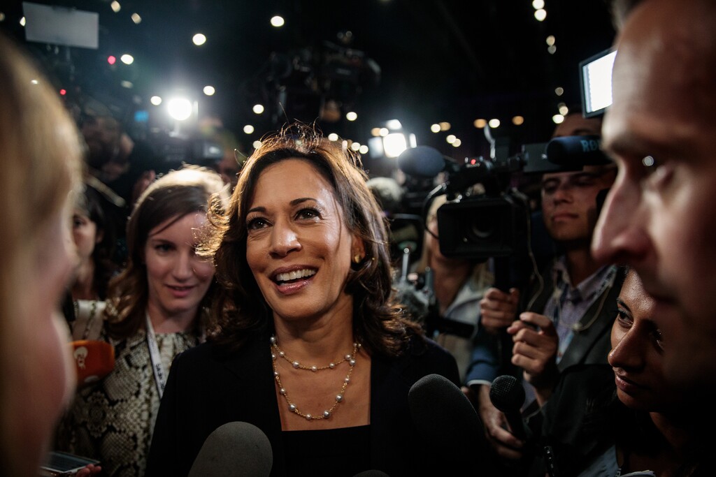 (Damon Winter | The New York Times)
Sen. Kamala Harris (D-Calif.), Joe Biden’s running mate, speaks to reporters following the Democratic presidential debate in Miami on June 27, 2019. "She represents an America that’s evolving, fitfully, toward equal opportunity and equal justice," writes Frank Bruni.