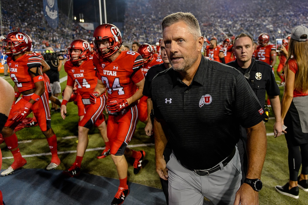 (Trent Nelson | The Salt Lake Tribune)  Utah Utes head coach Kyle Whittingham heads to the locker room with his team before the game as BYU hosts Utah, NCAA football in Provo, Saturday September 9, 2017.