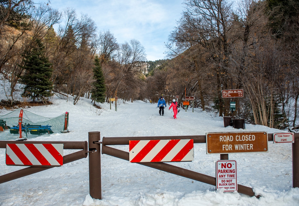 (Rick Egan | The Salt Lake Tribune) A gate blocks the road for the winter in Mill Creek Canyon, Monday, Feb. 8, 2021. Farther up the road is where four skiers died in an avalanche Saturday, Feb. 6, 2021.