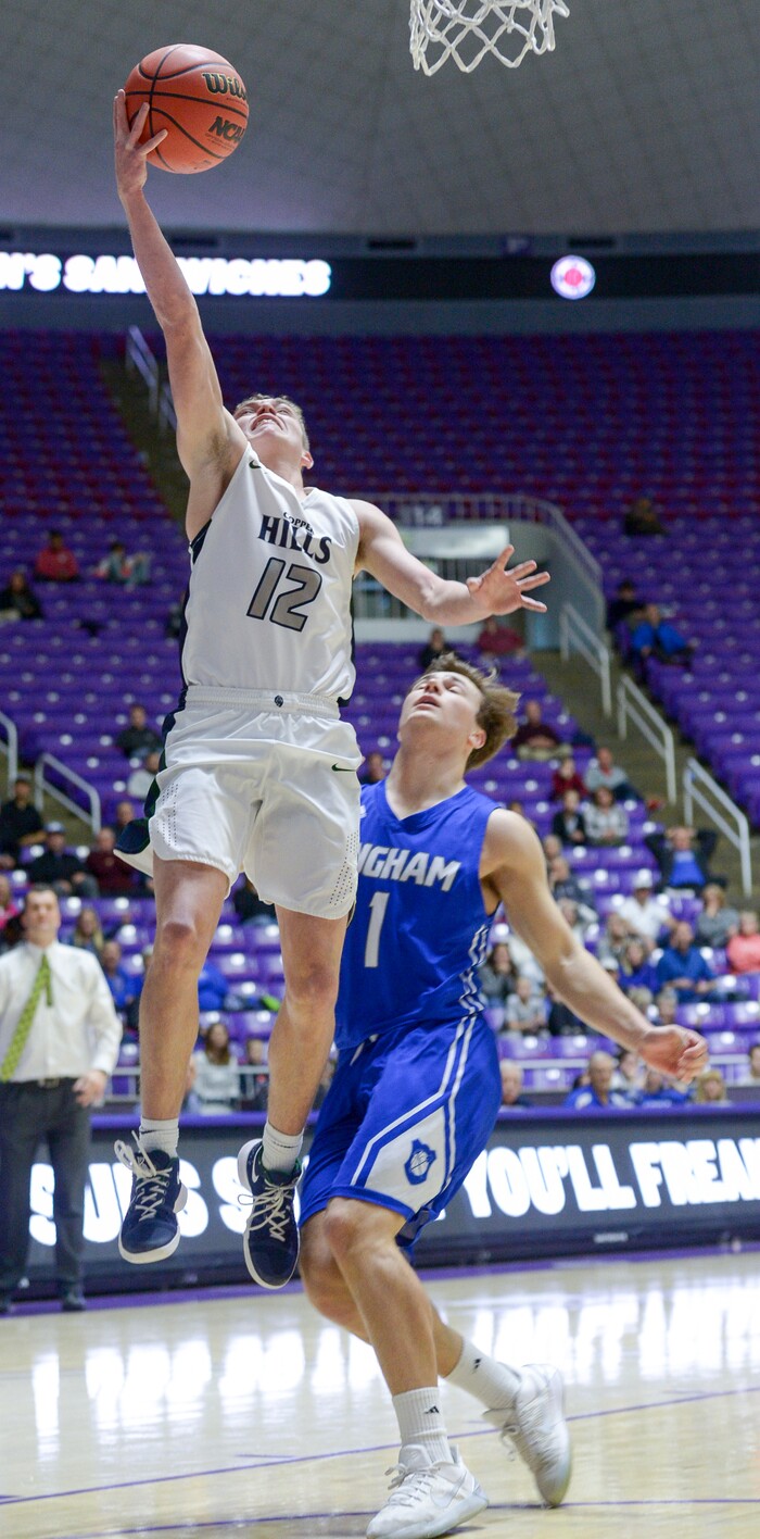 (Leah Hogsten  |  The Salt Lake Tribune) Copper Hills' Kylan Shorts (12) had 9 points in the game. Copper Hills defeated Bingham 61-54 in the 6A High School Boys' Basketball Tournament opening game at Weber State University’s Dee Events Center in Ogden, Tuesday, Feb. 27, 2018. 