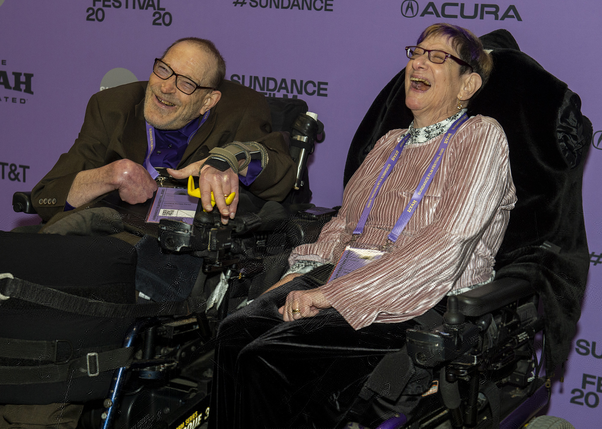(Rick Egan  |  The Salt Lake Tribune)     Neil Jacobson shares a laugh with Denise Jacobson, on the red carpet for the film "Crip Camp", the opening night film of the 2020 Sundance Film Festival, at the Eccles Theatre in Park City, Thursday, Jan. 23, 2020.