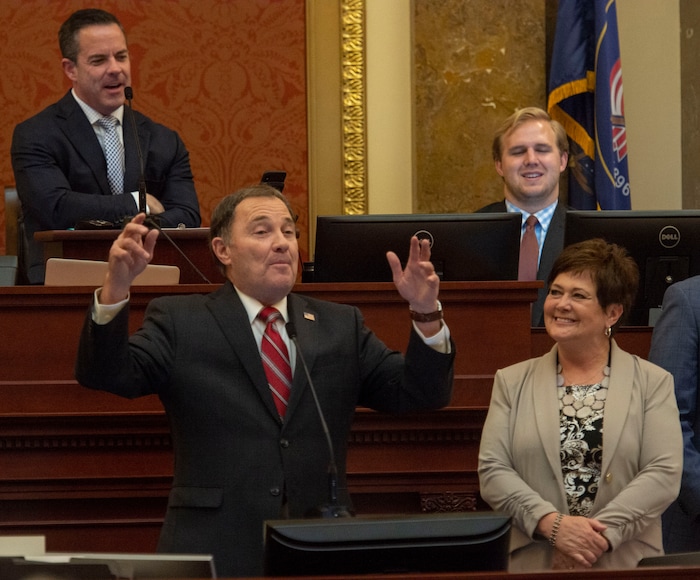 (Rick Egan  |  The Salt Lake Tribune)  Gov. Gary Herbert leads lawmakers as he sings Happy Birthday to his wive Jeanette Herbert in the House of Representatives, at the end of the 2019 legislature, Thursday, March 14, 2019. 

