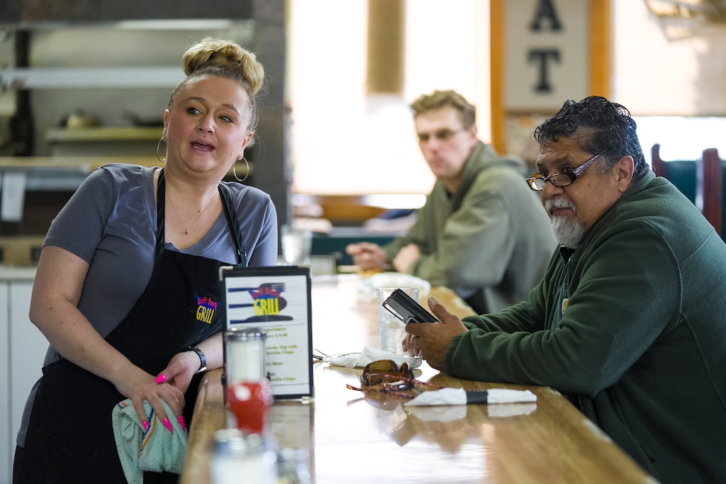 (Bethany Baker  |  The Salt Lake Tribune) Melissa Masten, owner of Left Fork Grill, calls out the various flavors of pie that are available for a customer in her restaurant in Salt Lake City on Thursday, Feb. 19, 2026.