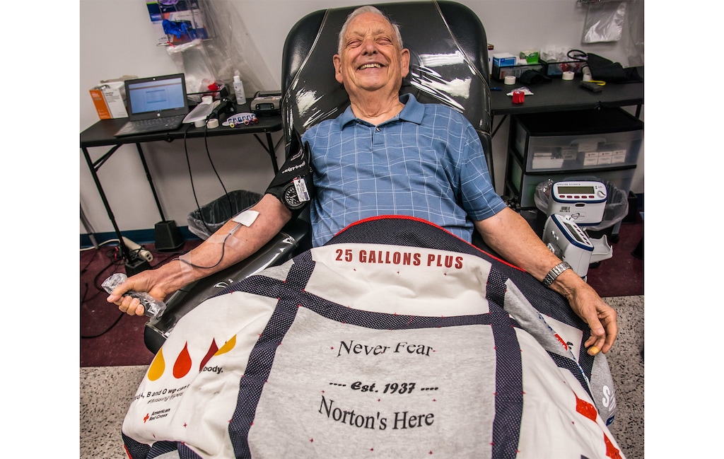 (American Red Cross of Utah) Provo resident Gary Norton, 84, is photographed Aug. 19, 2022, at a blood donation center in Orem as he donates his 200th unit of blood.
