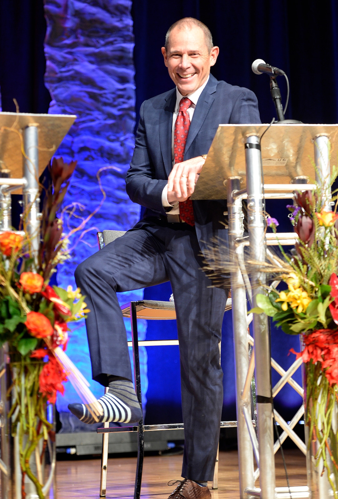 (Scott Sommerdorf   |  The Salt Lake Tribune)   During a pre-debate walk-through, Congressional 3rd District candidate John Curtis shows off his choice of socks for tonight's debate, Friday, October 13, 2017. 